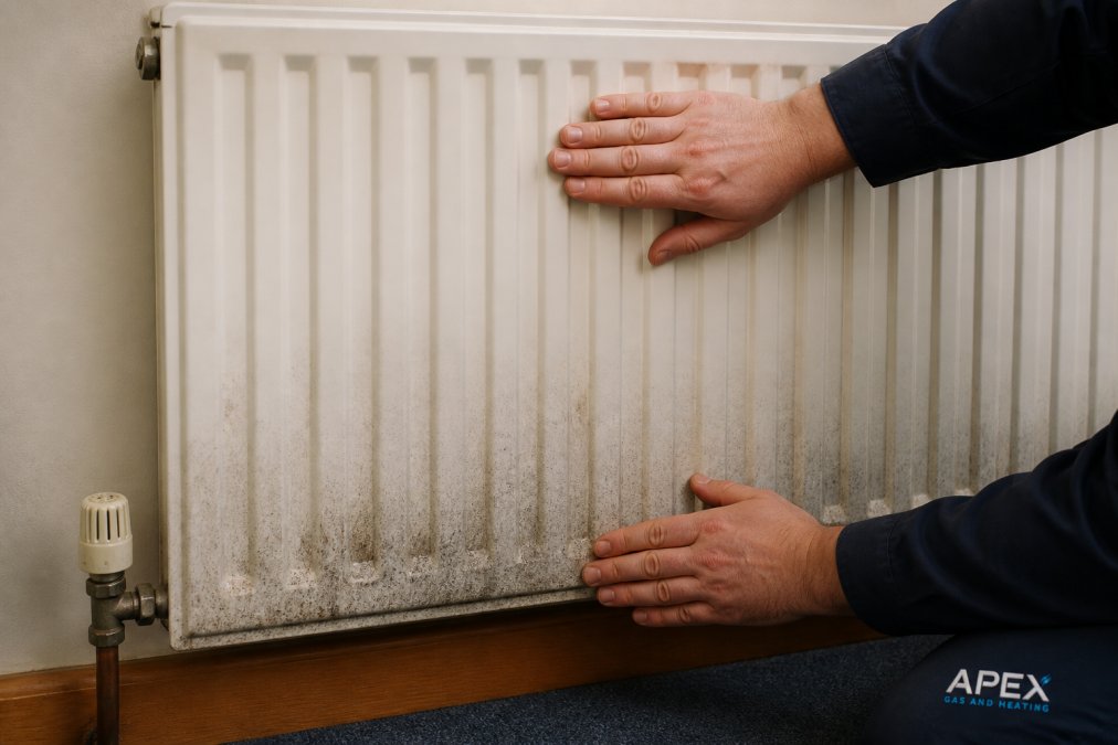 Close-up of a radiator showing cold spots concentrated at the bottom section with visible discoloration and mineral deposits, hand touching the temperature difference between warm upper section and cool lower section