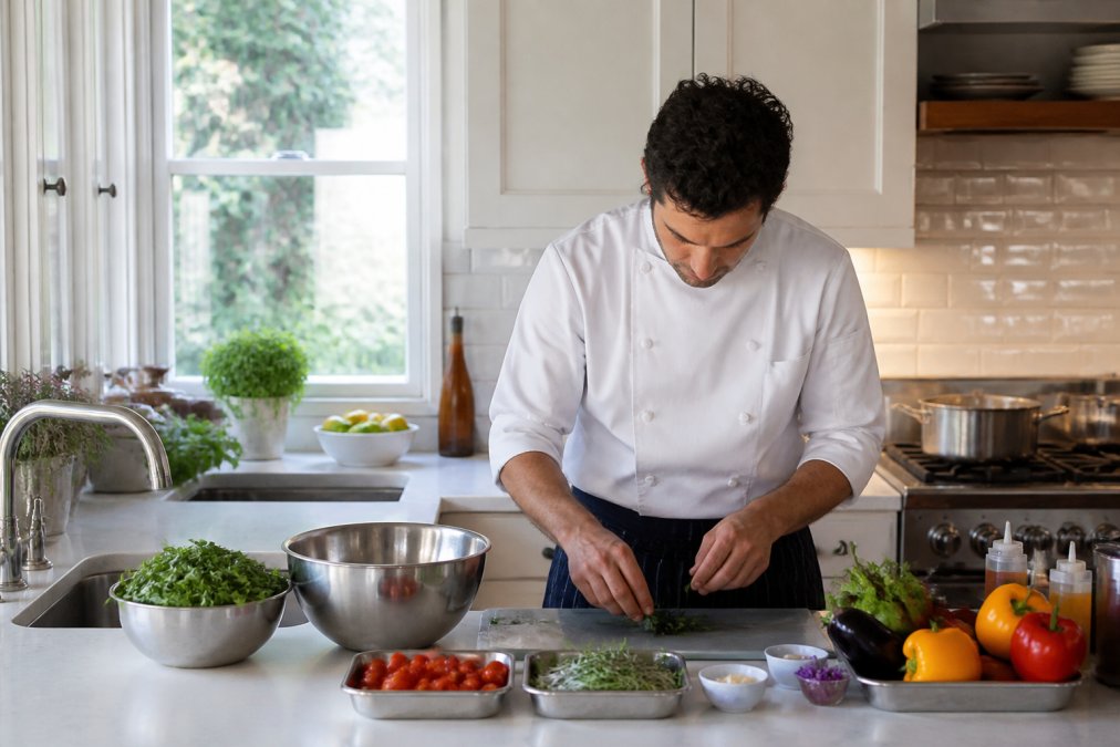 Private chef working efficiently at a compact kitchen counter with cleared bench space, stainless steel bowls, and fresh ingredients organised nearby, natural light streaming through window