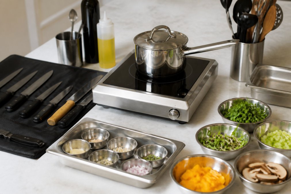 Close-up view of portable cooking equipment including stainless steel portable induction cooktop, professional chef's knives in leather roll, compact utensils, and mise en place bowls arranged neatly on a kitchen counter