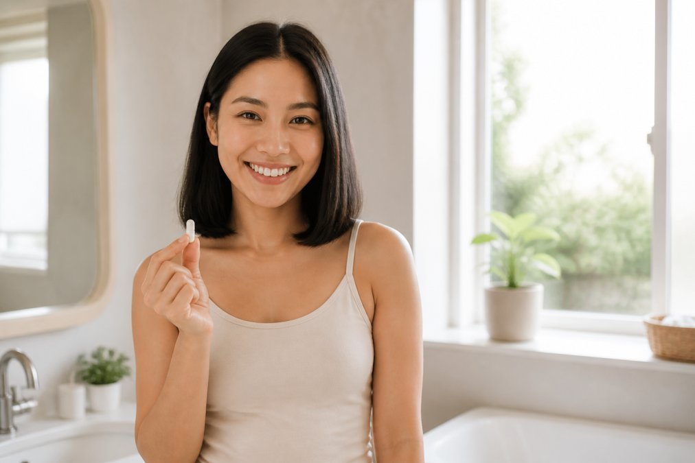 Woman holding a probiotic supplement capsule, smiling with confidence, in a bright, clean bathroom setting with natural light from a window