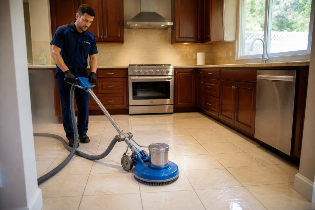 A uniformed technician guiding a professional tile and grout cleaning machine with a spinning brush attachment across a kitchen floor, clean pale grout lines visible behind the machine, bright daylight through a window