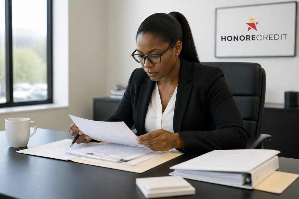 Professional reviewing credit report on computer screen at desk with focused expression, natural office lighting