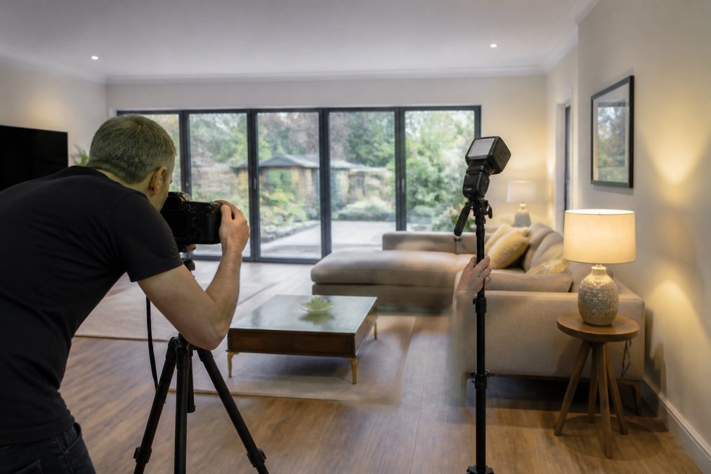 A professional photographer setting up a compact flash unit beside a tripod in a bright, well-staged living room, large windows behind showing a garden, warm lamps switched on, camera aimed at the seating area