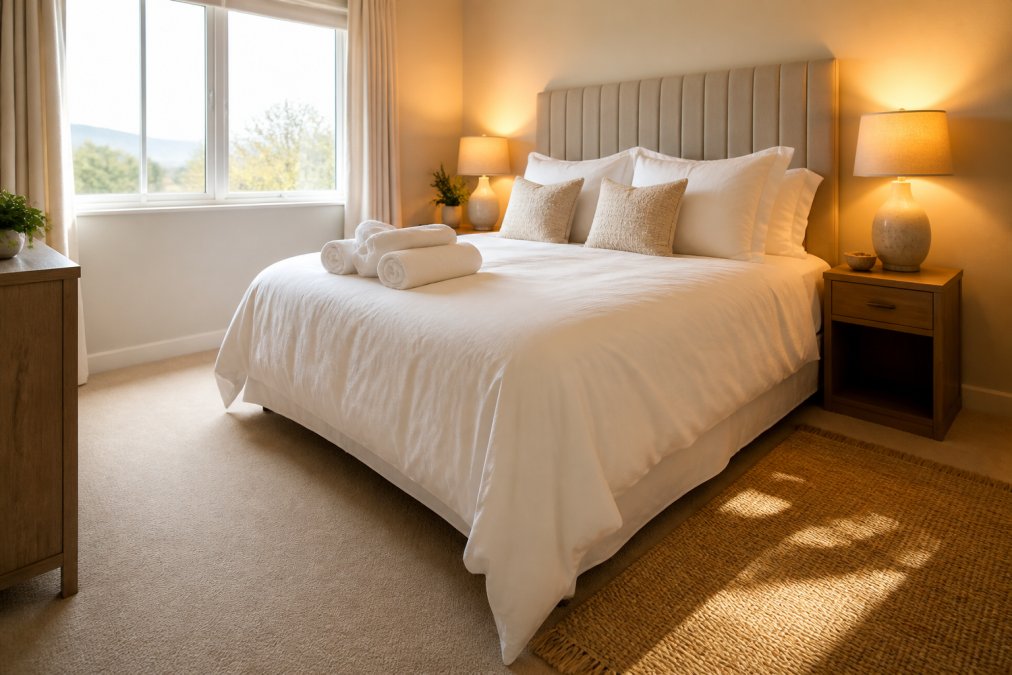 A neatly staged bedroom with white linen, open curtains allowing soft morning light to fall across the bed, bedside lamps switched on, surfaces clear of clutter, warm and inviting atmosphere