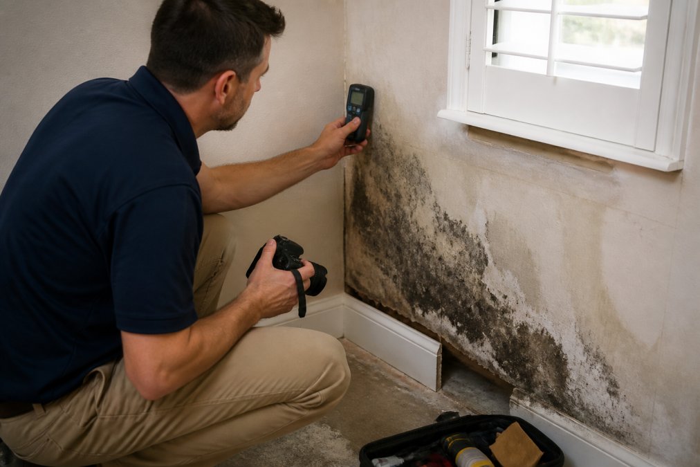 Professional adjuster using moisture meter on drywall and photographing mold damage in residential property during property inspection