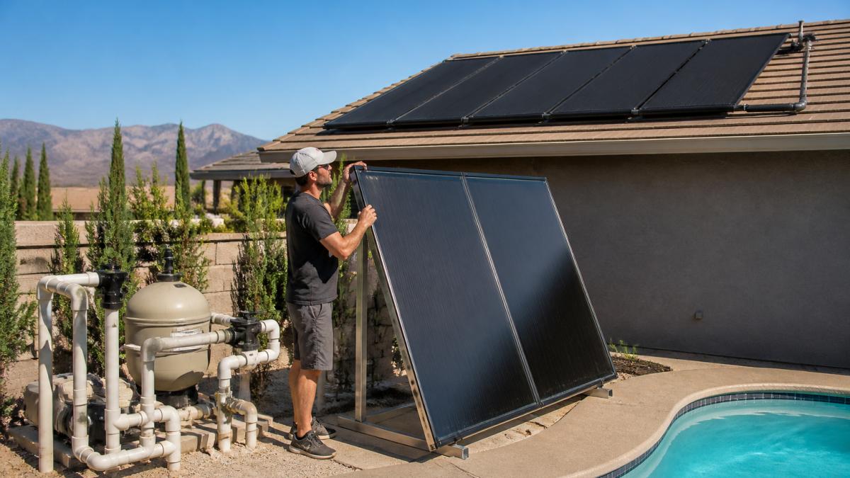Homeowner adjusting a reflective panel beside a roof-mounted solar pool heating array in a sunny backyard