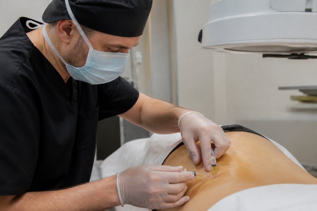 Healthcare provider administering a regenerative medicine injection to a patient's lower spine in a modern clinical setting with proper lighting and sterile technique
