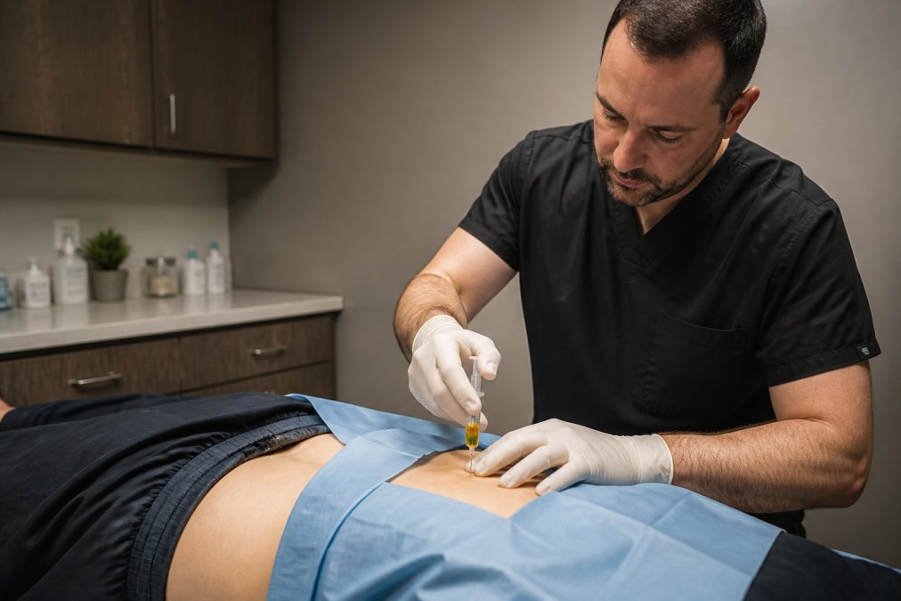 Medical professional performing minimally invasive injection procedure on patient's lower back in modern clinical setting with focused lighting and sterile technique
