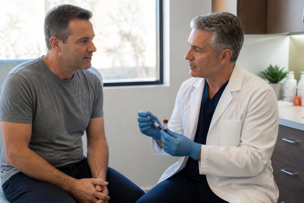 Medical professional discussing regenerative medicine treatment options with patient in modern clinical examination room with soft natural lighting