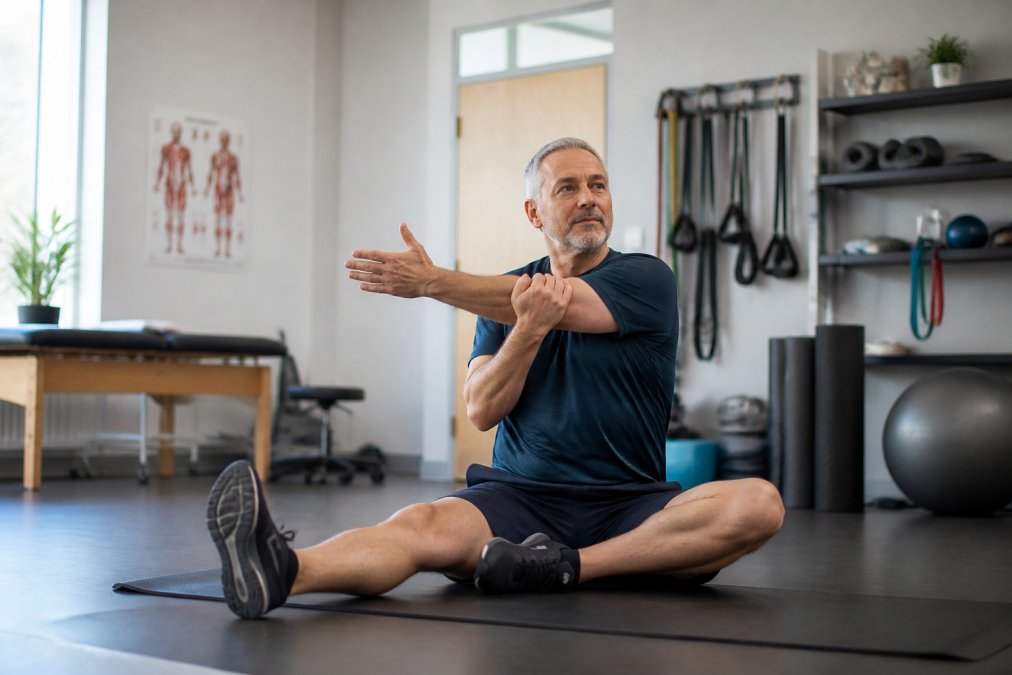 Active adult performing gentle stretching and mobility exercises in bright, modern physical therapy clinic setting