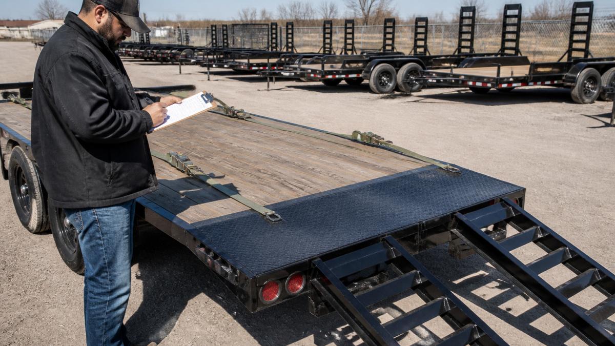 A fleet yard supervisor with a clipboard checking a flatbed car trailer's tie-down straps and ramp before a scheduled pickup, other trailers lined up in the background on a clear morning