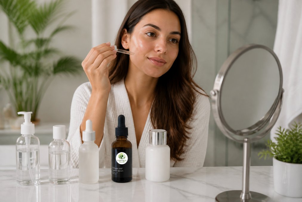 Woman applying lightweight serum to her face in a bright, minimalist bathroom with glass bottles of skincare products arranged on white marble counter showing the layering sequence