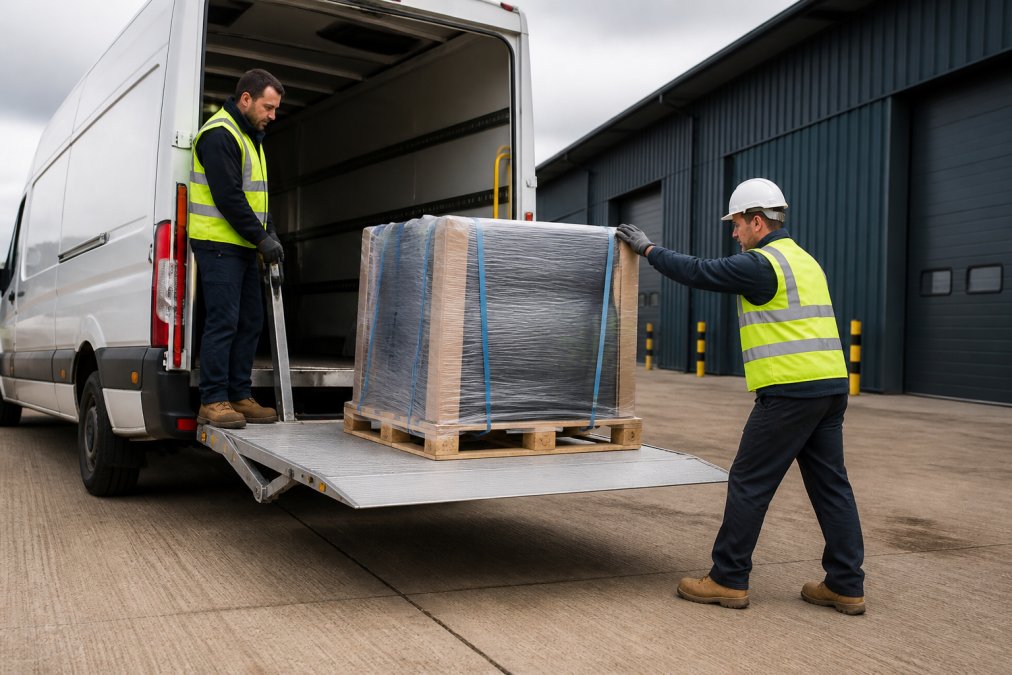 Courier using a tail-lift to unload a pallet of bulky freight onto a concrete loading bay with a warehouse worker.