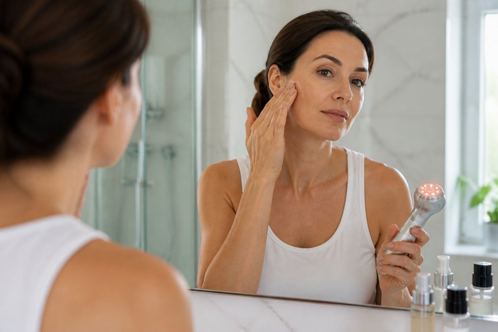 Woman in her forties applying facial serum and using an LED light therapy device in a bright bathroom mirror