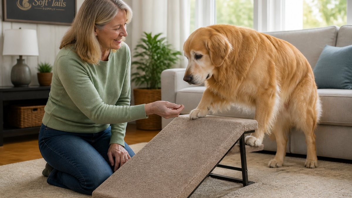 A senior golden retriever cautiously stepping onto a low, carpeted pet ramp in a bright living room while an owner kneels beside it holding a small training treat