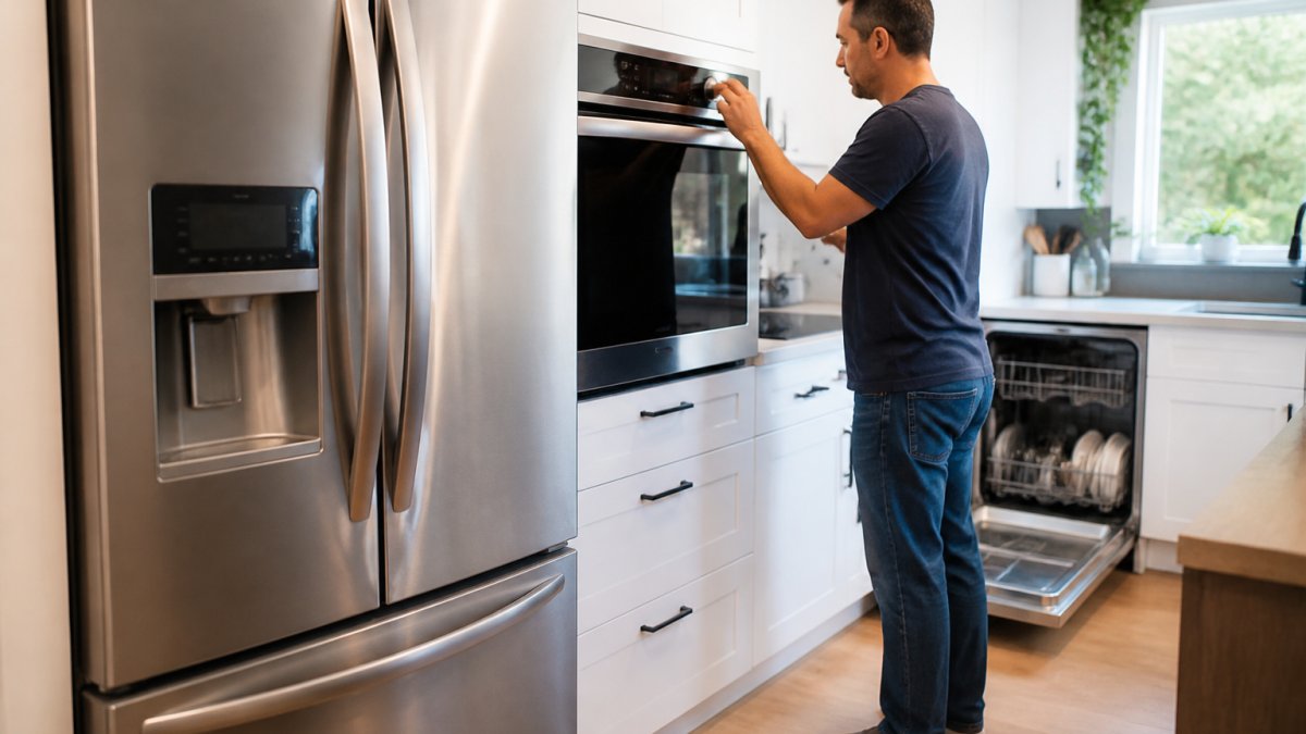 Modern kitchen with smart refrigerator, oven, and dishwasher showing physical control panels and buttons during internet outage, homeowner using manual controls on appliance
