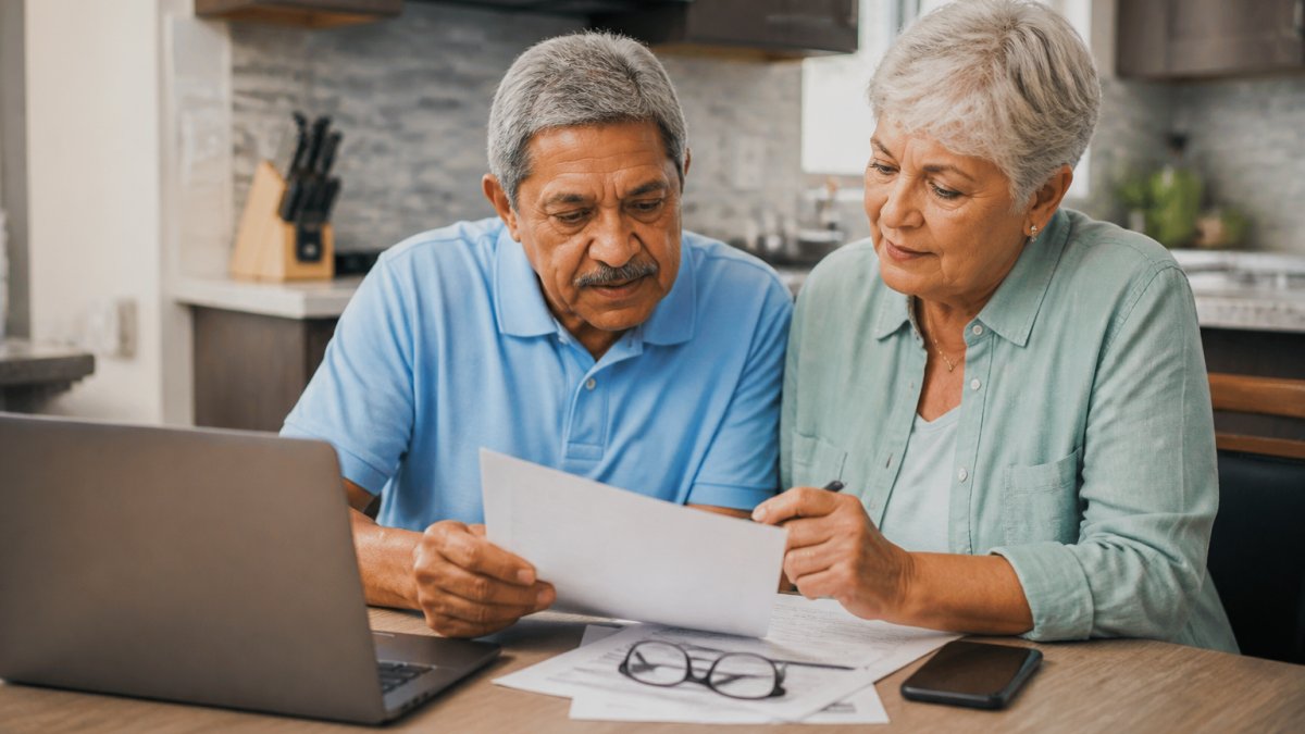 An older couple reviewing insurance paperwork and a laptop at a kitchen table, with a phone nearby and reading glasses, looking focused and calm