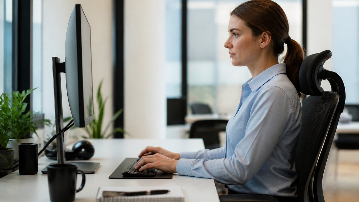 Professional demonstrating proper ergonomic posture at desk with monitor at eye level, shoulders relaxed, neck in neutral alignment, and ergonomic chair support visible in modern office setting