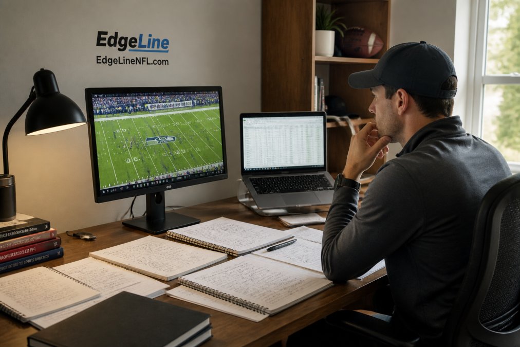Person analyzing data on multiple monitors to help sports betting models beat sportsbooks from a home office.