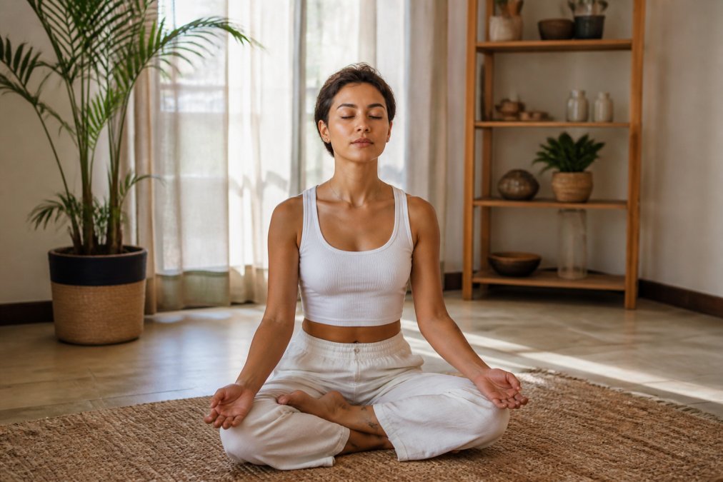 Person sitting cross-legged in meditation pose in a peaceful room with soft natural light filtering through windows, expression calm and focused