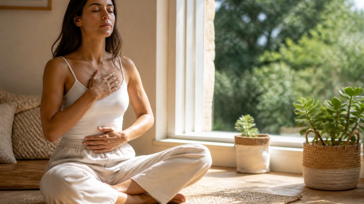 Person practicing deep breathing to manage stress and hormonal skin issues in a bright, calm, sunlit room