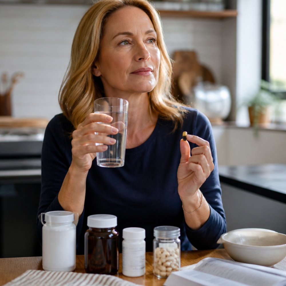 A woman in her fifties sitting at a kitchen table in soft morning light, holding a glass of water and a small daily supplement pot, looking calm and reflective