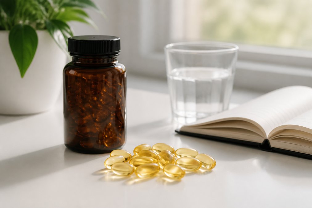Omega-3 softgel capsules and a supplement bottle on a desk to support memory and focus