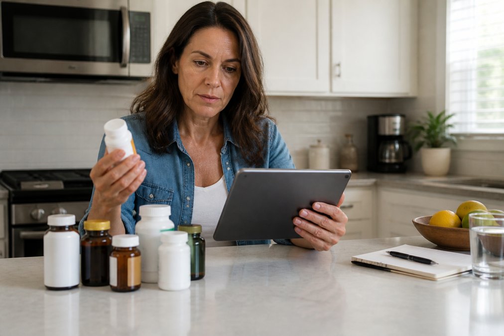 Person at home reviewing medication bottles and supplement containers on a kitchen counter while checking information on a tablet