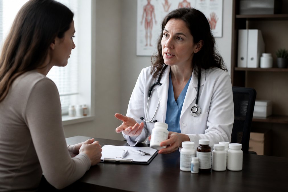 Patient having a conversation with healthcare provider in a clinical setting, with medication and supplement bottles visible on the desk