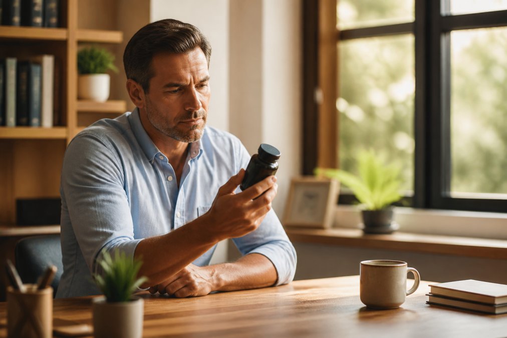 Middle-aged professional sitting at a wooden desk in morning sunlight, holding a supplement bottle with a thoughtful expression, coffee cup nearby, window with natural light in background