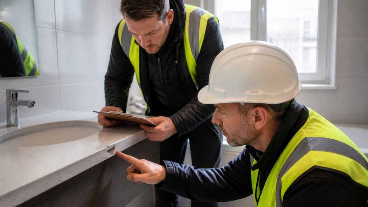 Site manager and technician inspecting a chipped bathroom worktop for surface repair in a new apartment.