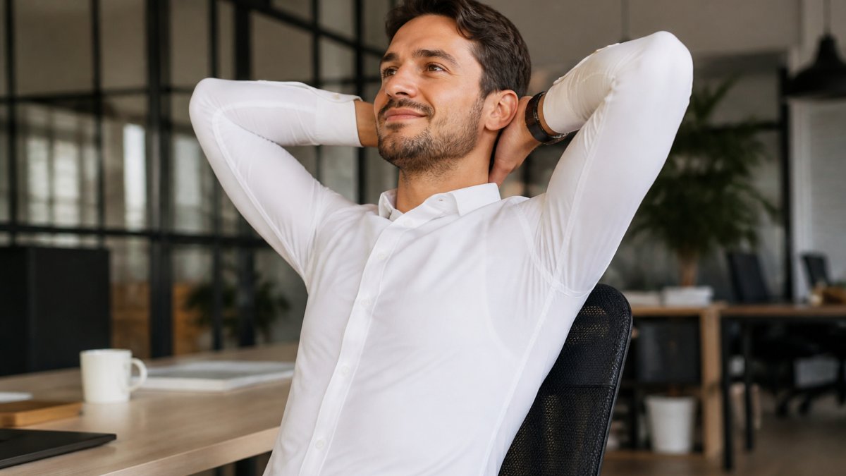 A professional in a fitted dress shirt looking calm and confident in a modern office, with a subtle focus on the crisp, dry underarm area of the shirt, suggesting effective sweat management