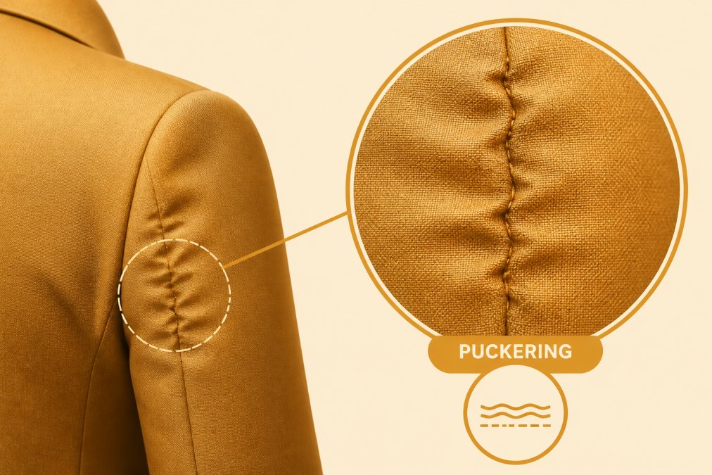 Close-up of a suit jacket seam showing visible puckering and wrinkled fabric along the stitching line, with natural light highlighting the gathered texture