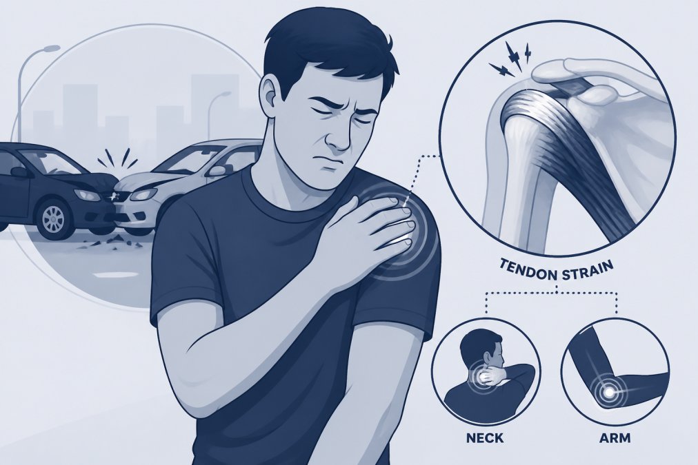 Person holding their shoulder in visible pain and discomfort, with a strained expression showing the aftermath of a soft tissue injury