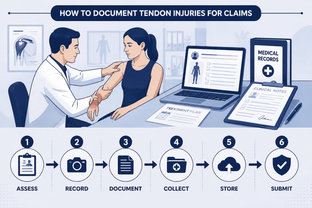 Medical professional examining patient's arm and shoulder whilst medical records and documentation are visible on the desk, showing the documentation process