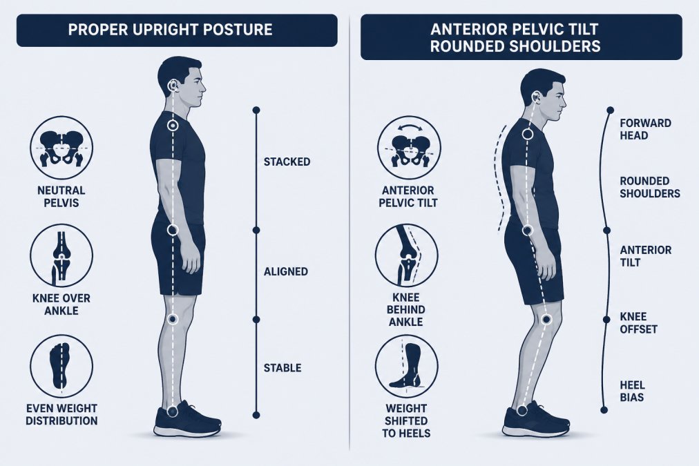 Person demonstrating proper upright posture versus anterior pelvic tilt with rounded shoulders, showing the difference in hip alignment and knee positioning during standing