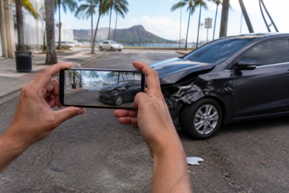 Close-up of hands holding smartphone taking photographs of accident scene damage, with street, buildings, and surroundings visible in background, natural daylight