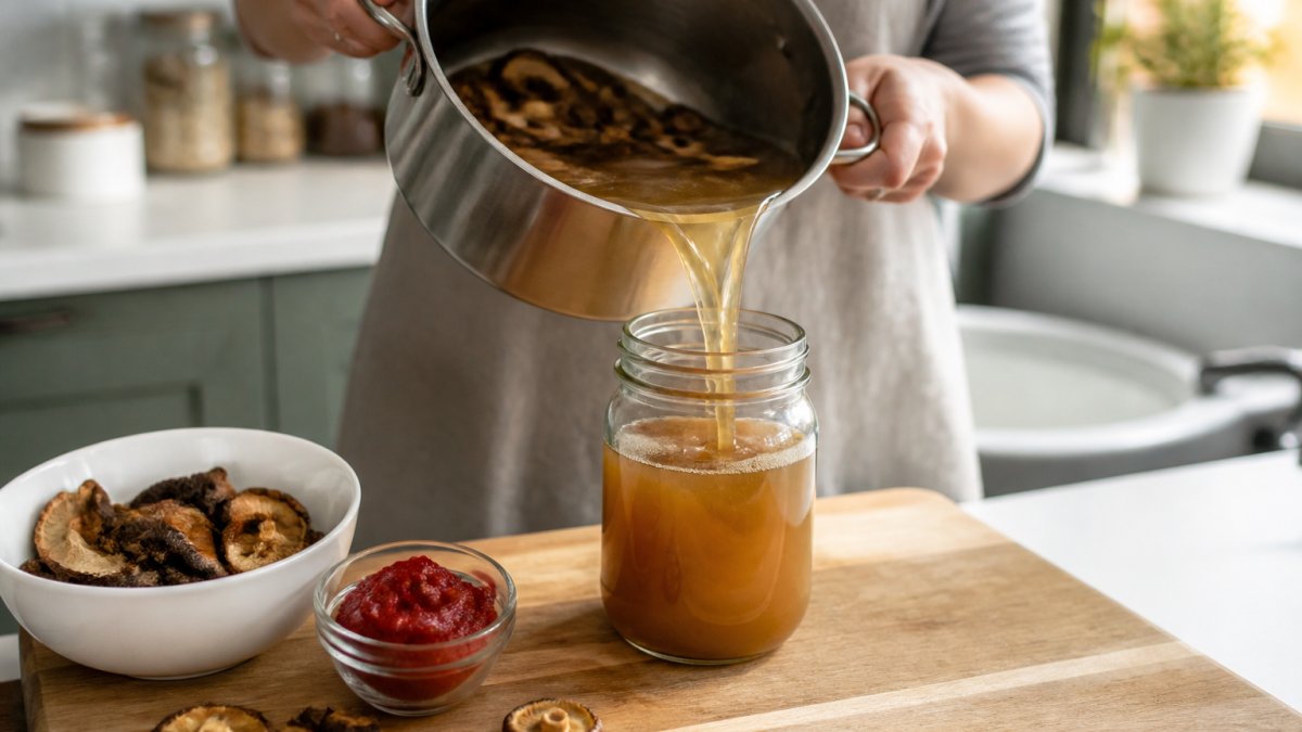 Home cook pouring homemade salt-free umami broth into a glass jar with dried mushrooms on the counter