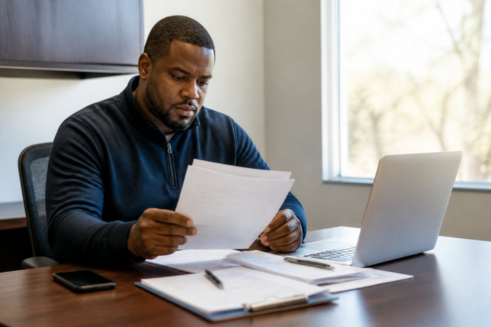 Professional CDL driver sitting at desk reviewing RTD paperwork and documents, with laptop and phone nearby, natural office lighting