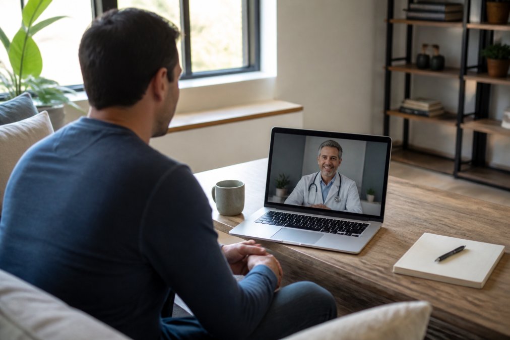 Man at home on a laptop during a video consultation with a healthcare provider, relaxed and comfortable in his living room with natural window lighting