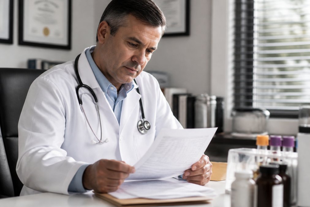Close-up of a licensed physician reviewing medical records and lab results on a computer screen in a clinical setting with professional medical office environment