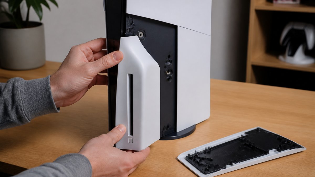 Close-up of hands attaching the detachable disc drive to the side of a white PS5 Slim Digital console on a clean desk, with the console's cover panel removed and the drive sliding into place