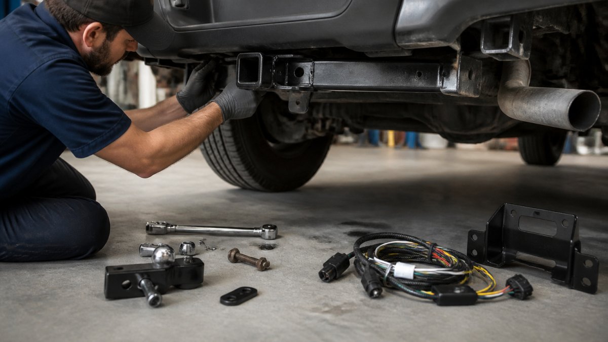 Mechanic installing a receiver hitch for a towing package under the rear bumper of a used pickup truck in a garage.
