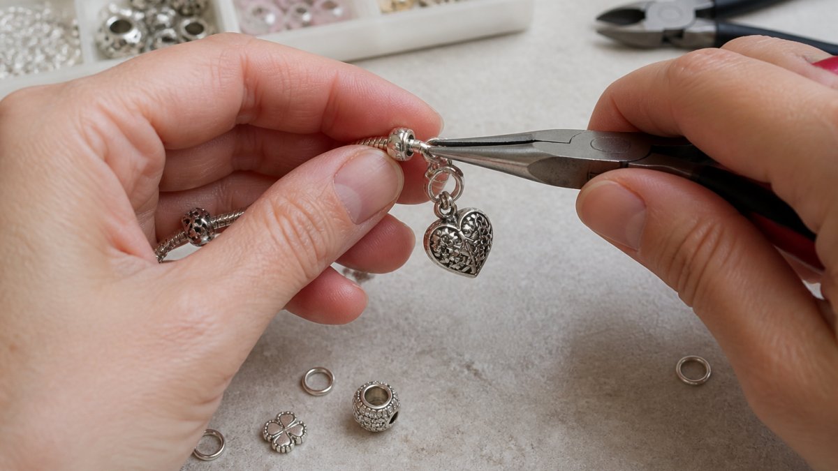 Close-up of hands using needle-nose pliers to open a jump ring on a sterling silver bracelet with a charm attached