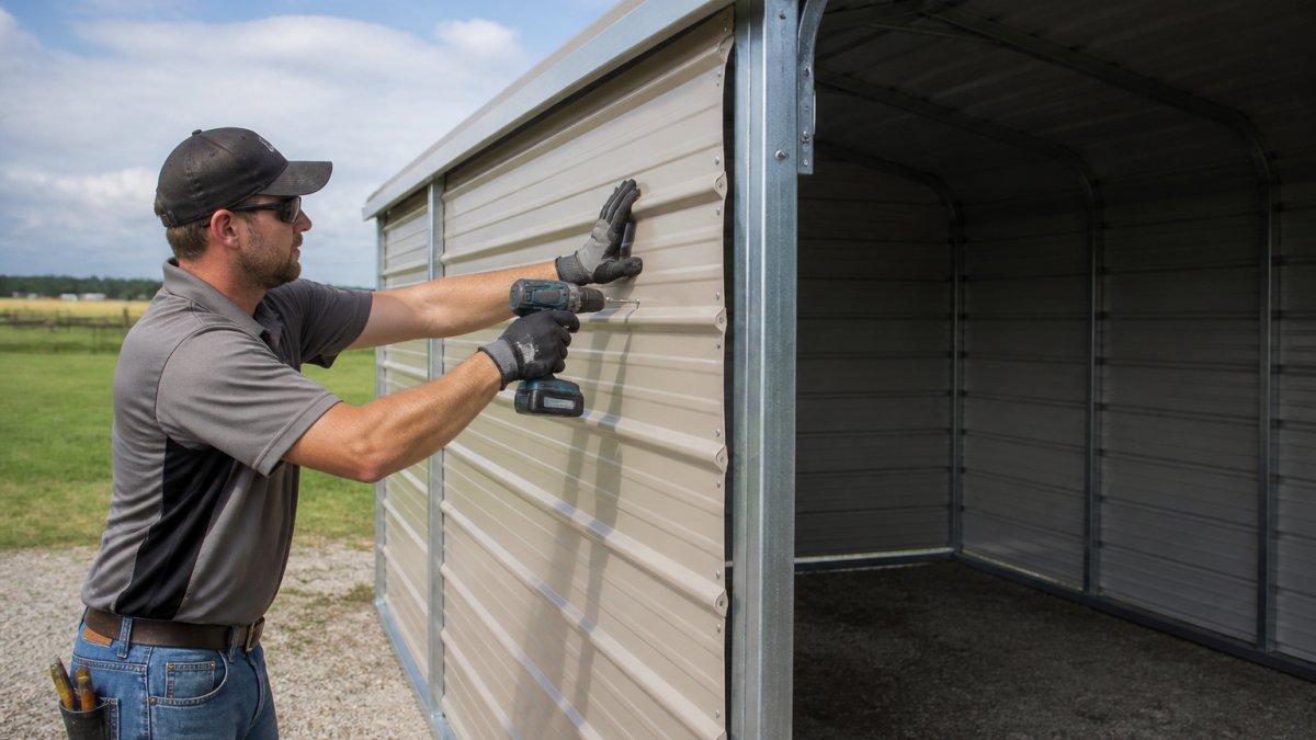Professional installer attaching metal wall panels to the side of a metal carport structure, showing bolt connections and proper alignment in daylight