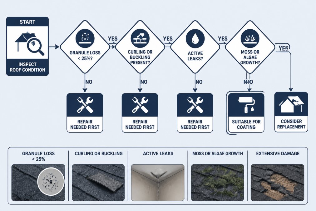 Flowchart decision tree: Start with 'Inspect roof condition' → branches to 'Granule loss