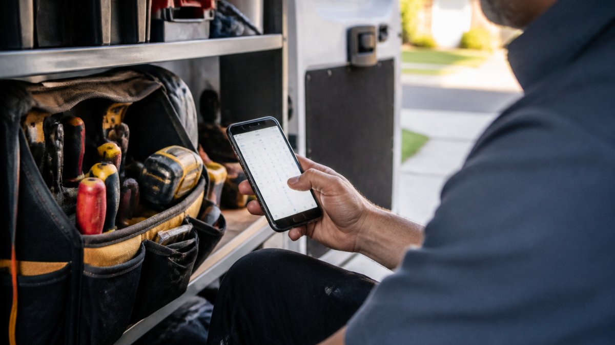 A tradesperson in a work van checking a smartphone showing a booking calendar, with tools visible in the background