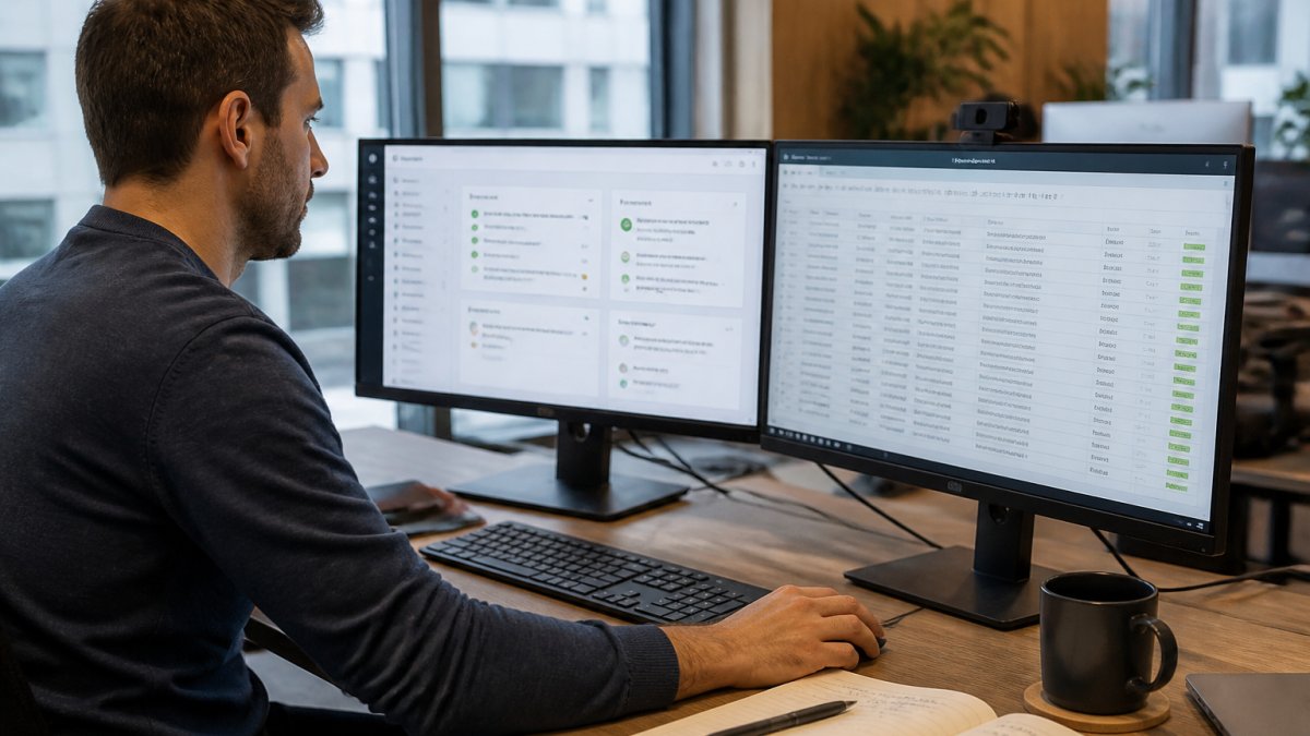 A security analyst at a desk with two monitors showing a configuration dashboard and a spreadsheet of control evidence, notebook and coffee nearby in a modern office