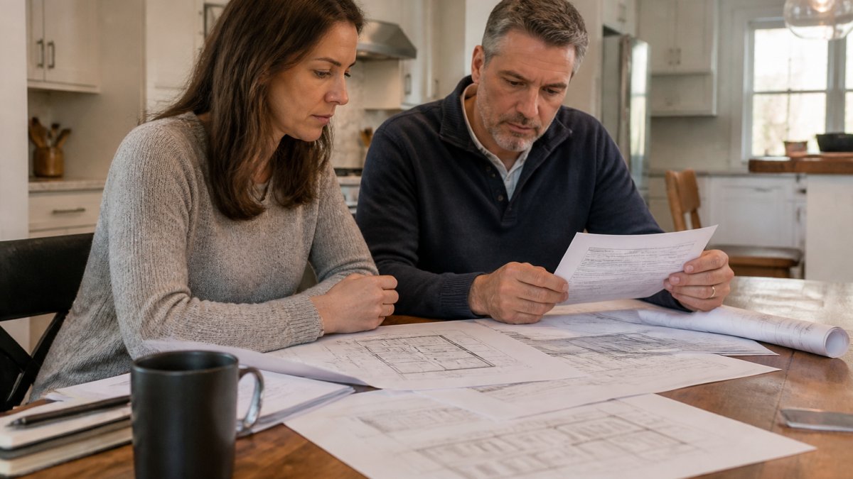 A homeowner and architect reviewing permit drawings and inspection paperwork spread across a kitchen table, with a laptop open to a municipal building department portal