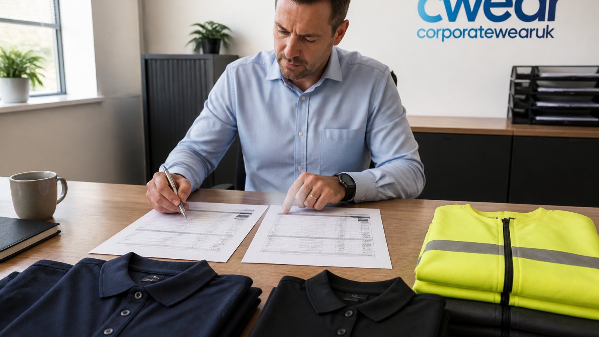 A procurement manager at a desk comparing two printed uniform quotes side by side, pen in hand, with branded polo shirts and a high-visibility jacket folded nearby in a bright office
